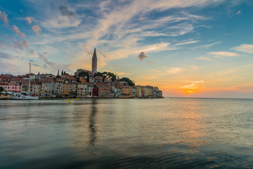 Beautiful romantic old town of Rovinj with magical sunset,Istrian Peninsula,Croatia,Europe