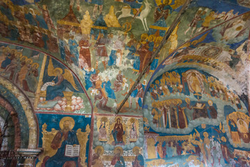 Fototapeta na wymiar historic religious fresco paintings on ceiling of the entrance into the Church of Elijah the Prophet Cathedral 
