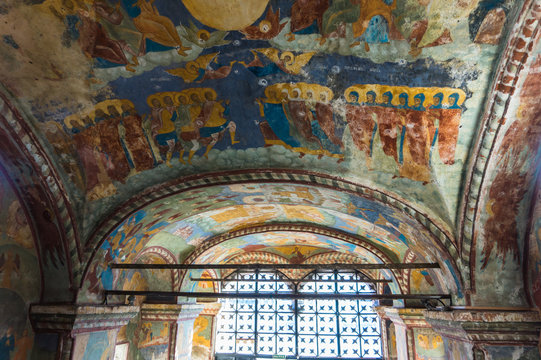 historic religious fresco paintings on ceiling of the entrance into the Church of Elijah the Prophet Cathedral, in Yaroslavl, Russia
