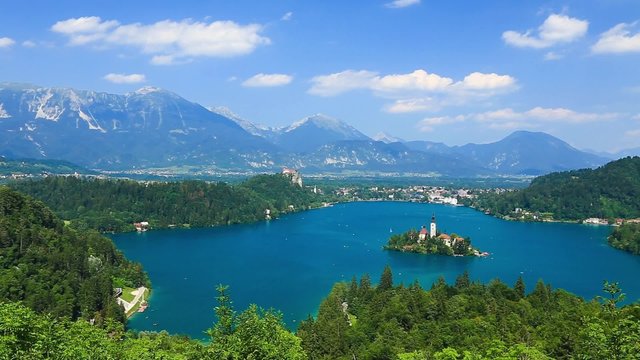 Panoramic view of Bled Lake, Slovenia, Europe