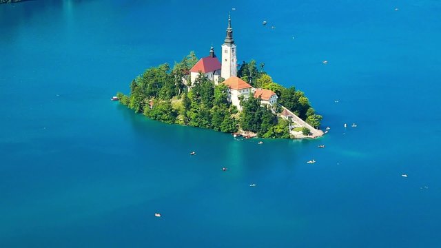 Panoramic view of Bled Lake, Slovenia, Europe