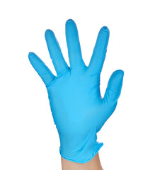 Hands of a medic wearing a blue latex gloves
