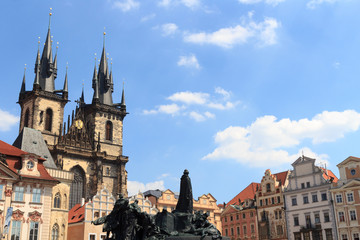 Fototapeta na wymiar Church of Our Lady before Tyn, Old Town Square and Jan Hus Memorial in Prague