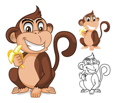 High Quality Monkey Holding Banana Cartoon Character Include Flat Design and Outlined Version Vector Illustration