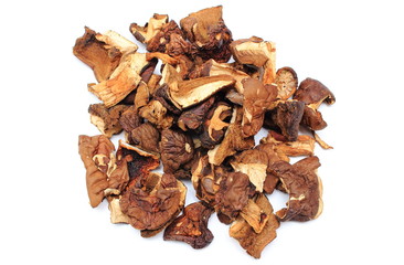 Heap of dried mushrooms on white background