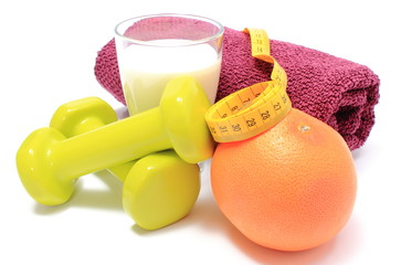 Dumbbells, towel for using in fitness, concept for healthy lifestyle and nutrition