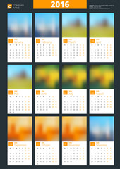 Wall Calendar Poster for 2016 Year. Vector Design Print Template with Place for Photo. Week Starts Monday