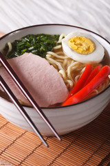 Ramen soup with pork, vegetables and egg close up. vertical
