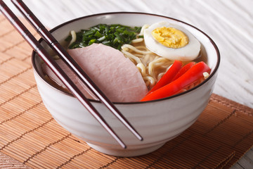 ramen noodles with pork and egg in a bowl close up. Horizontal
