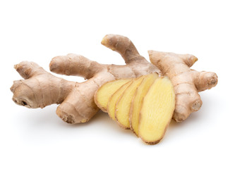 Fresh ginger root or rhizome isolated on white background cutout