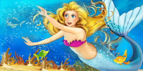 Obraz na płótnie Canvas Cartoon ocean and the mermaid - illustration