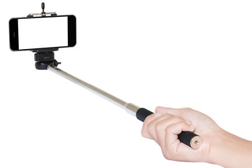 hand holding phone selfie stick isolated with clipping path