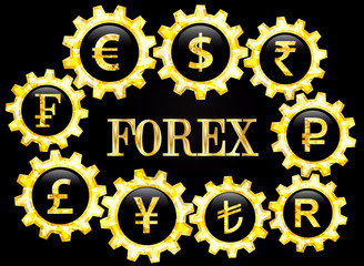 Currency symbols, as cogs.The inscription forex.