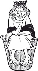 Smiling old witch with mushroom in hand on a wooden bucket