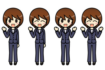 シンプルキャラクター　会話・表情イラスト集　ビジネス女性（パンツスタイル）　ガッツポーズ1