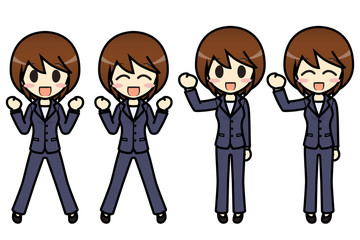 シンプルキャラクター　会話・表情イラスト集　ビジネス女性（パンツスタイル）　ガッツポーズ2