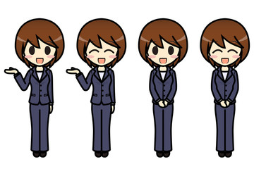 シンプルキャラクター　会話・表情イラスト集　ビジネス女性（パンツスタイル）　案内