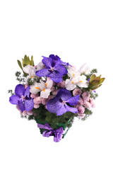 Букет из ирисов, орхидей и хризантем в корзине
A bouquet of irises, orchids and chrysanthemums in a basket
