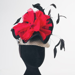 Red flower and black feathers races hat