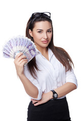 Business woman holding British pounds