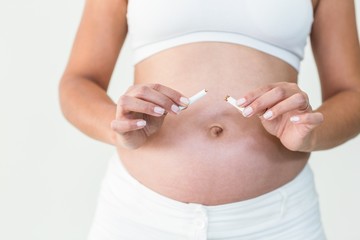 Close-up of pregnant woman destroying cigarette