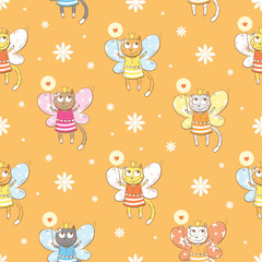 Vector seamless pattern with fairies cats and white  flowers on a orange  background.