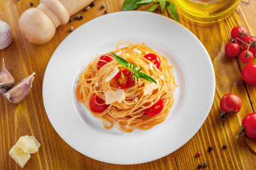 Spaghetti with tomato sauce, top view
