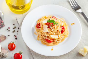 Spaghetti, pasta with tomato sauce, top view