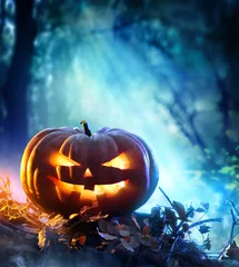 Foto auf Acrylglas Halloween Pumpkin In A Spooky Forest At Night - Scary Scene   © Romolo Tavani