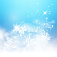 Fototapeta na wymiar Abstract Light Blue Winter Background with Snowflakes and Starlets. Abstrakter Hintergrund - Blauer Himmel, Wolken, Sterne, funkelnd, Schneeflocken, Flocken, Winter, Eis und Schnee.