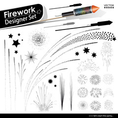 Collection of Vector Firework Rocket Explosion Effects. New Years Eve Design Templates. Silvesterraketen, Silvester, Raketen, Set, Vorlage, Sortiment, Silhouette, Schattenriss. Neujahr - Kollektion.