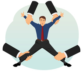 Hands of headhunters are stretching a valuable employee in different directions. Human resources management.