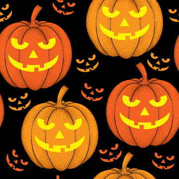 Halloween seamless pattern with dotted pumpkins in orange