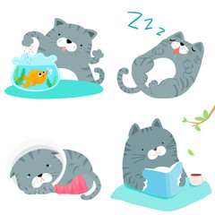gray cat variety action pack vector illustration