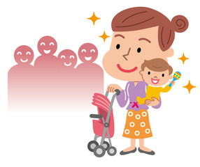 畳んだベビーカー　赤ちゃん　ママ　イラスト