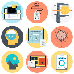 Flat style, colorful, vector icon set about education, business and creativity for info graphics, websites, mobile and print media.