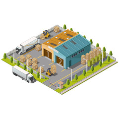 Warehouse Industrial area with seating for loading and unloading, shipping and delivery, transportation and building. Isolated vector 3D isometric concept