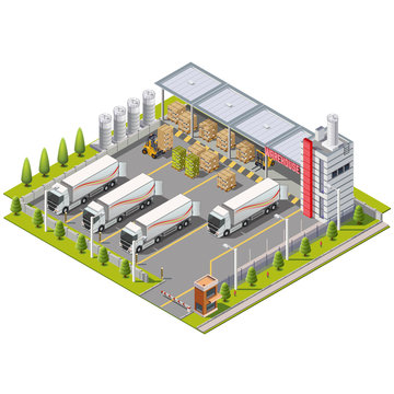 Warehouse Industrial area with seating for loading and unloading, shipping and delivery, transportation and building. Isolated vector 3D isometric concept