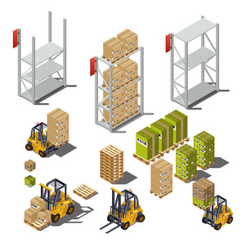 Isolated objects with an industrial warehouse, forklift, shelves, boxes, pallets. Vectors illustration