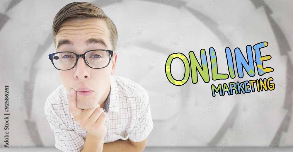 Poster composite image of geeky hipster thinking with hand on chin