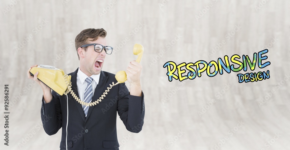 Poster composite image of geeky businessman shouting at telephone