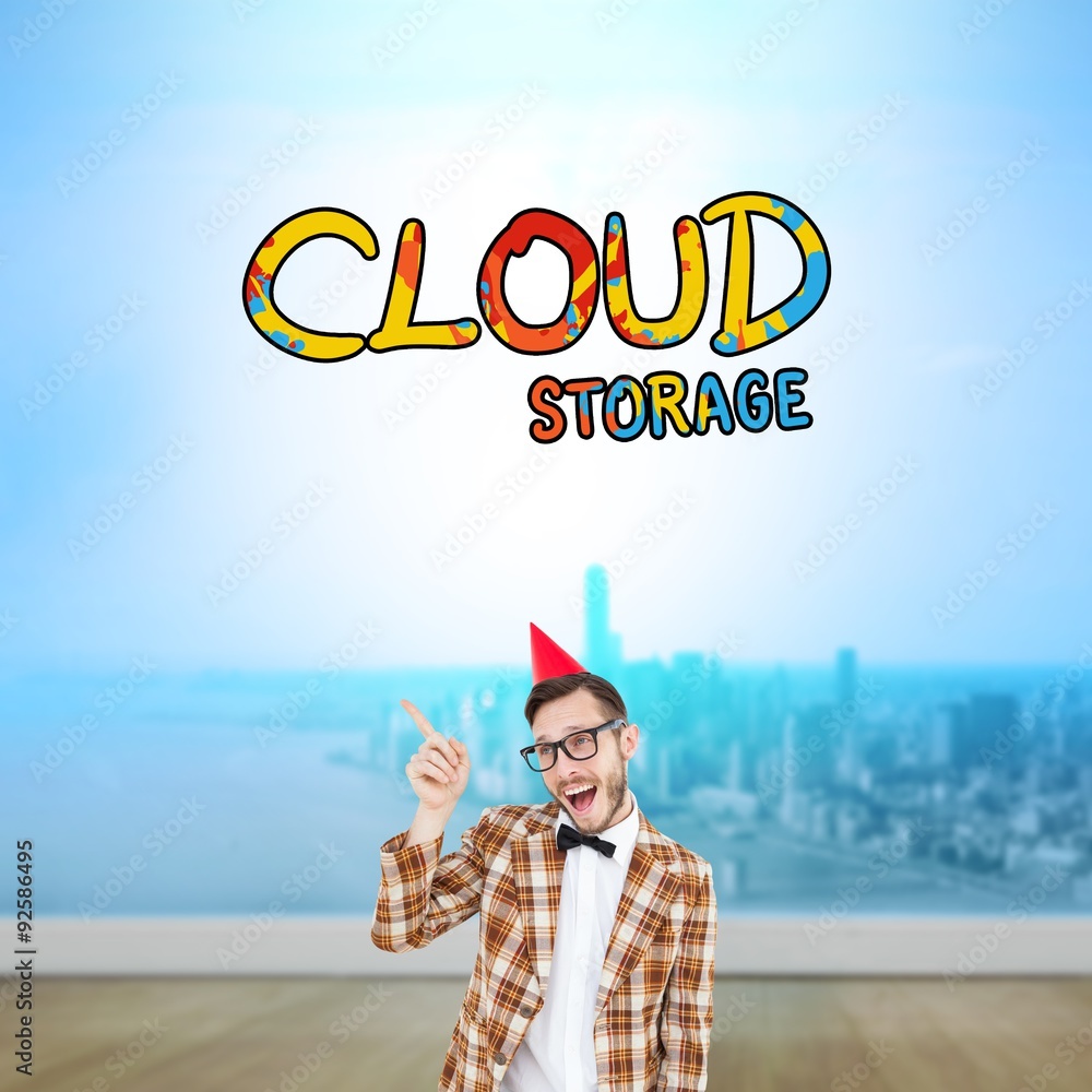 Poster composite image of geeky hipster in party hat pointing