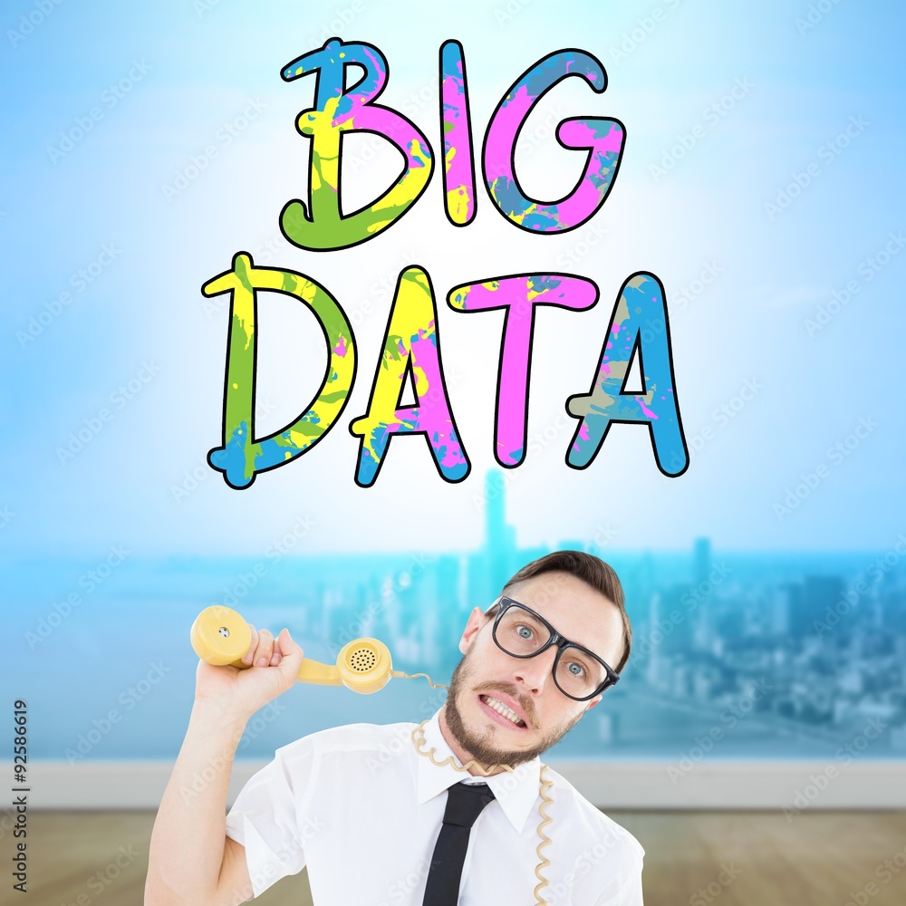 Poster composite image of geeky businessman being strangled by phone