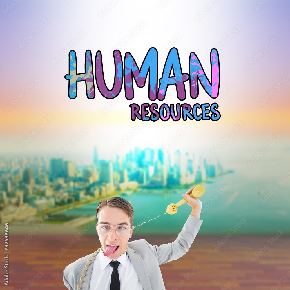 Poster composite image of geeky businessman being strangled by phone