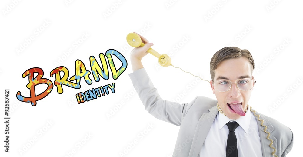 Poster composite image of geeky businessman being strangled by phone