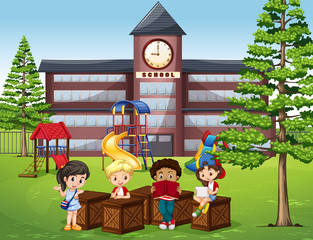 Children reading and sitting in front of school