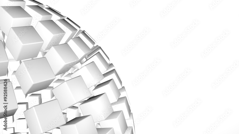 Poster white 3d abstract advanced technology motion background. revolving sphere formed by glossy cubes wit