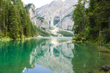 Fototapeta na wymiar view of the Braies Lake Dolomites - Italy