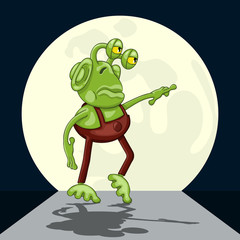 Thoughtful alien performs moonwalk dance. Funny cartoon character