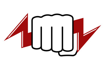Stylized tight fist holds lightning. Power and energy icon